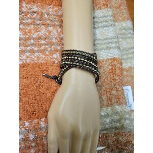 Wrap Bracelet. Set in Brown Leather with Faceted Gold Beads, 31 In